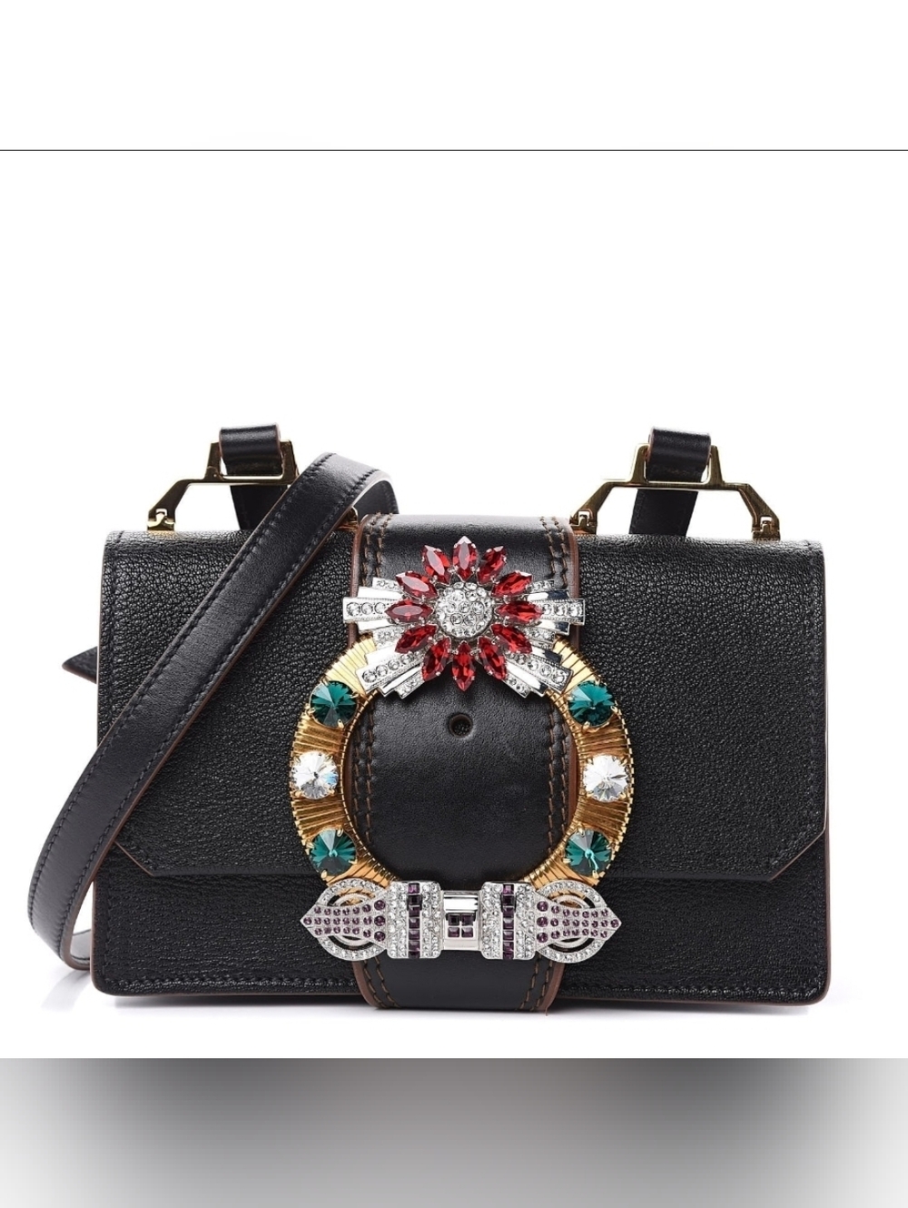 Auth Miu Miu Madras Crystal Embellished Buckle Flap Shoulder Bag